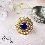 Load image into Gallery viewer, Abhinn Beautiful Royal Golden Plated Round Floral Design Ring with Blue White Crystal Stones