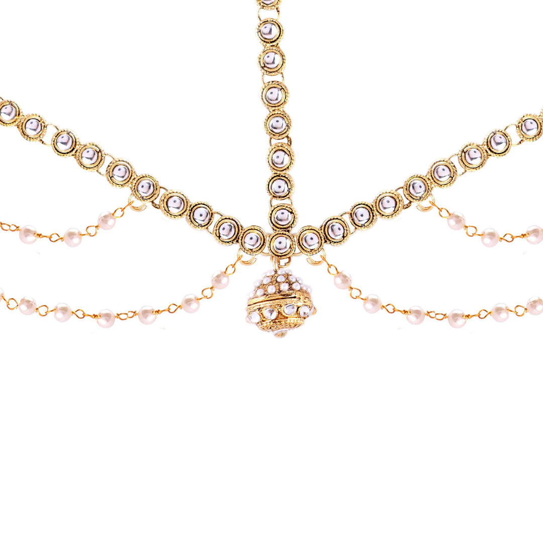 Abhinn Rajasthani Gold Plated Double Side Strand Borla Maang Tikka With Pearls For Women