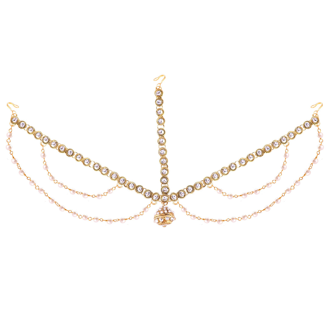Abhinn Rajasthani Gold Plated Double Side Strand Borla Maang Tikka With Pearls For Women