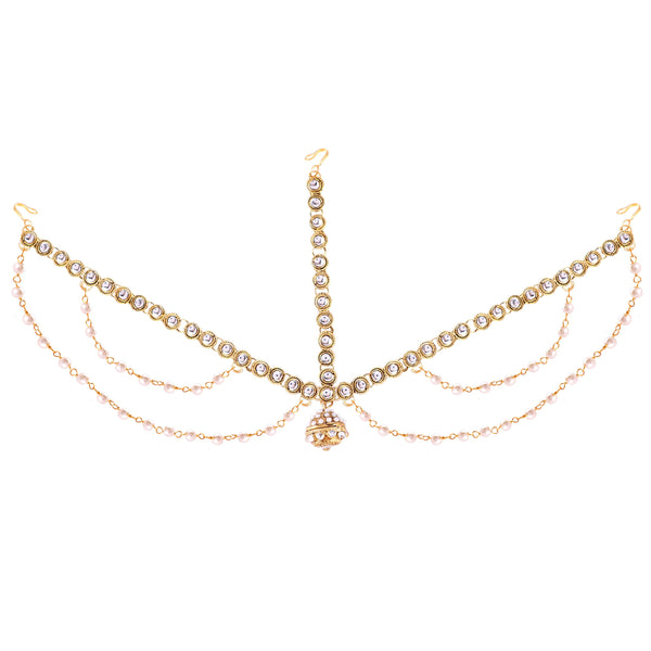 Abhinn Rajasthani Gold Plated Double Side Strand Borla Maang Tikka With Pearls For Women