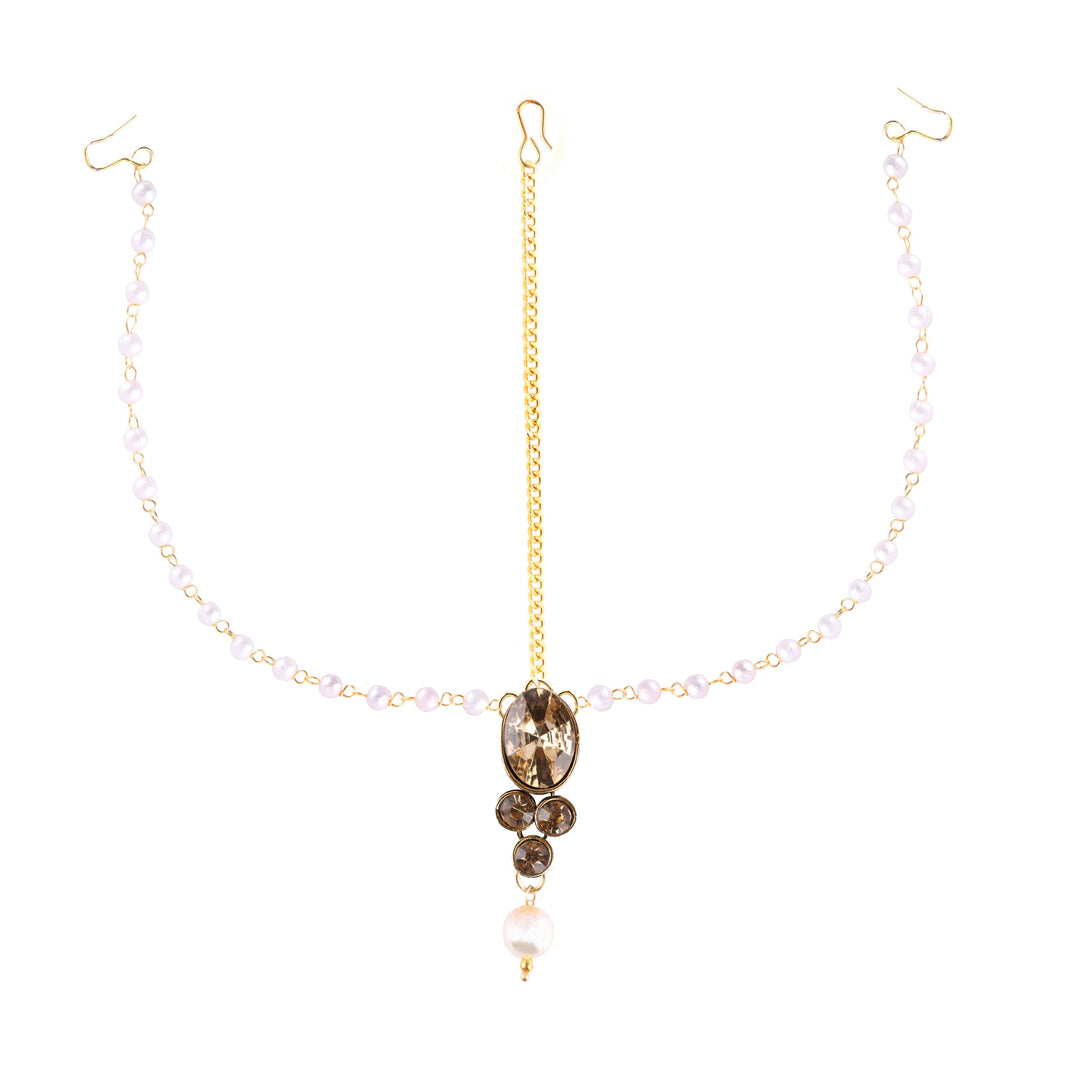 Abhinn Designer Gold Plated Single Side Strand Maang Tikka With Brown Stones For Women