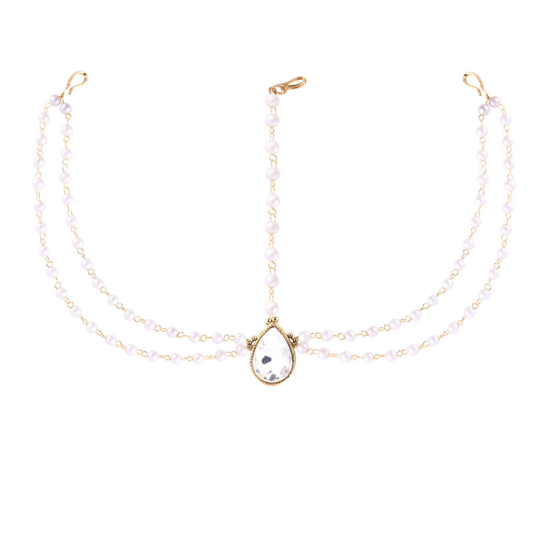 Abhinn Designer Gold Plated Double Side Strand Stones-Pearls Maang Tikka For Women