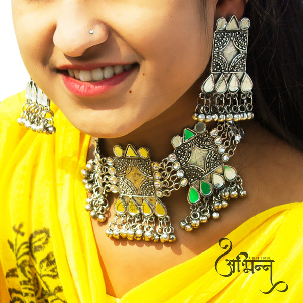 Abhinn Silver Oxidised Temple Design Necklace Set With White Mirror And CZ Stone For Women