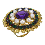 Load image into Gallery viewer, Abhinn Beautiful Floral Leaf Design Pearl Ring with Purple Green Crystal Stones
