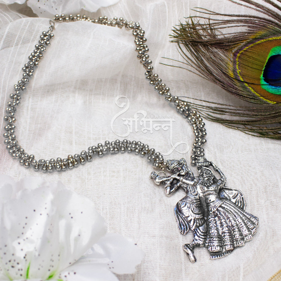 Abhinn Silver Oxidised Ethnic Dancing Radha-Krishna Pendant For Women