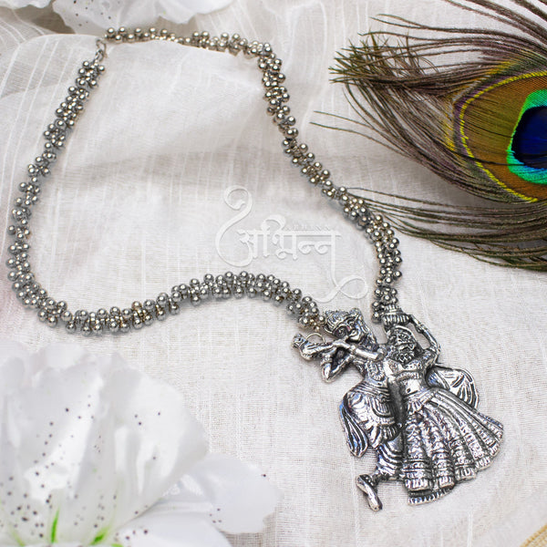 Abhinn Silver Oxidised Ethnic Dancing Radha-Krishna Pendant For Women