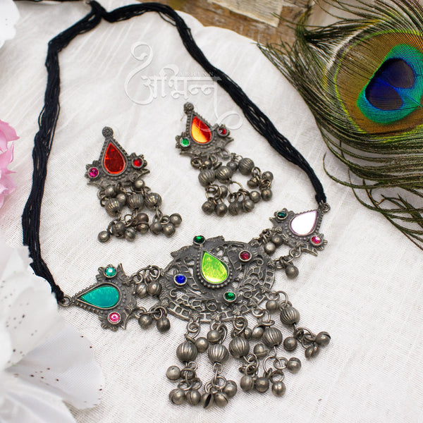 Abhinn Silver Oxidised Afghani Multi Colour Necklace Set For Women