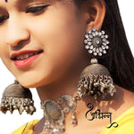 Load image into Gallery viewer, Abhinn Silver Oxidised Studded White Kundan Stones Jhumka Earrings For Women
