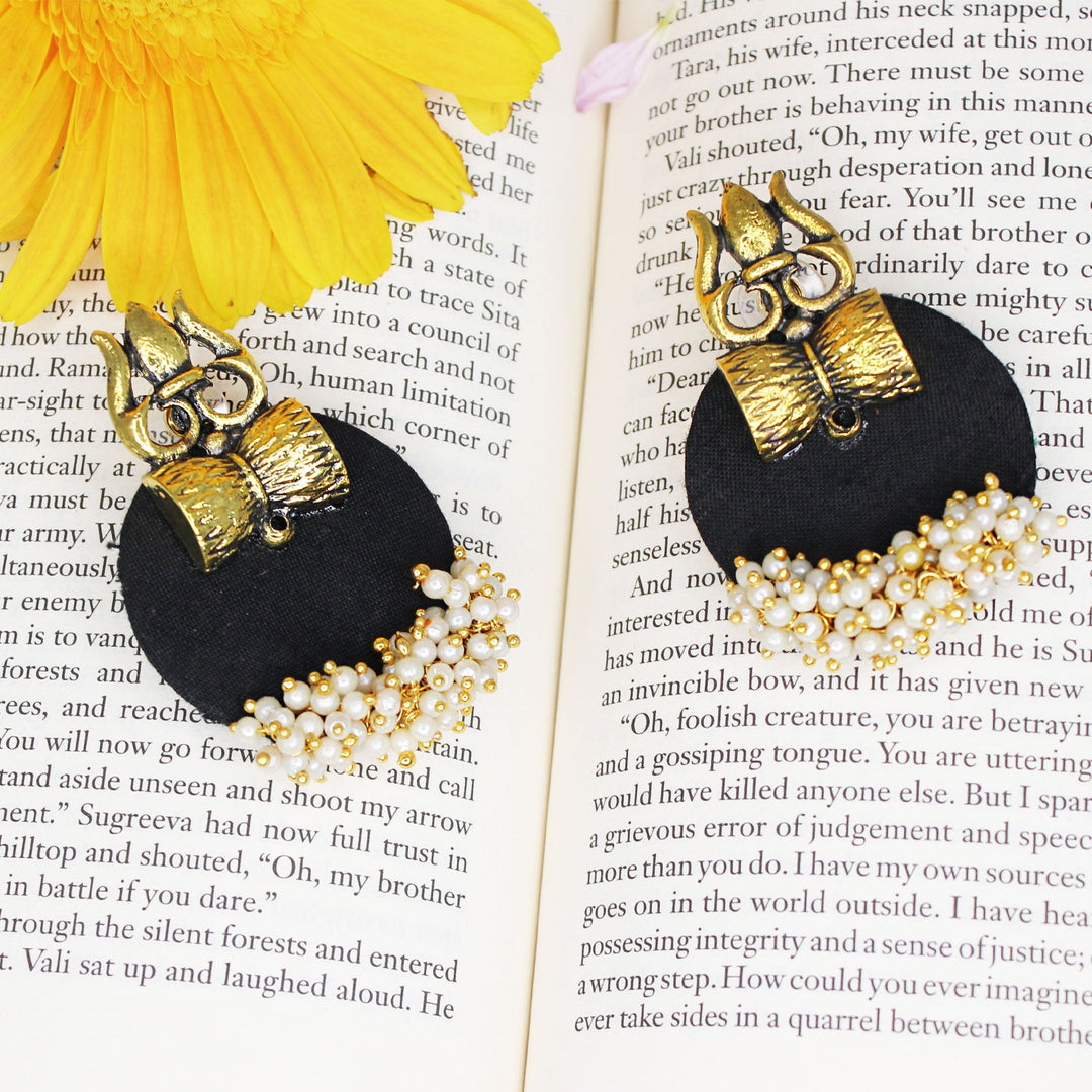 Hastkalakari Handmade Golden Trishul Design Black Fabric Earrings With Pearls For Women