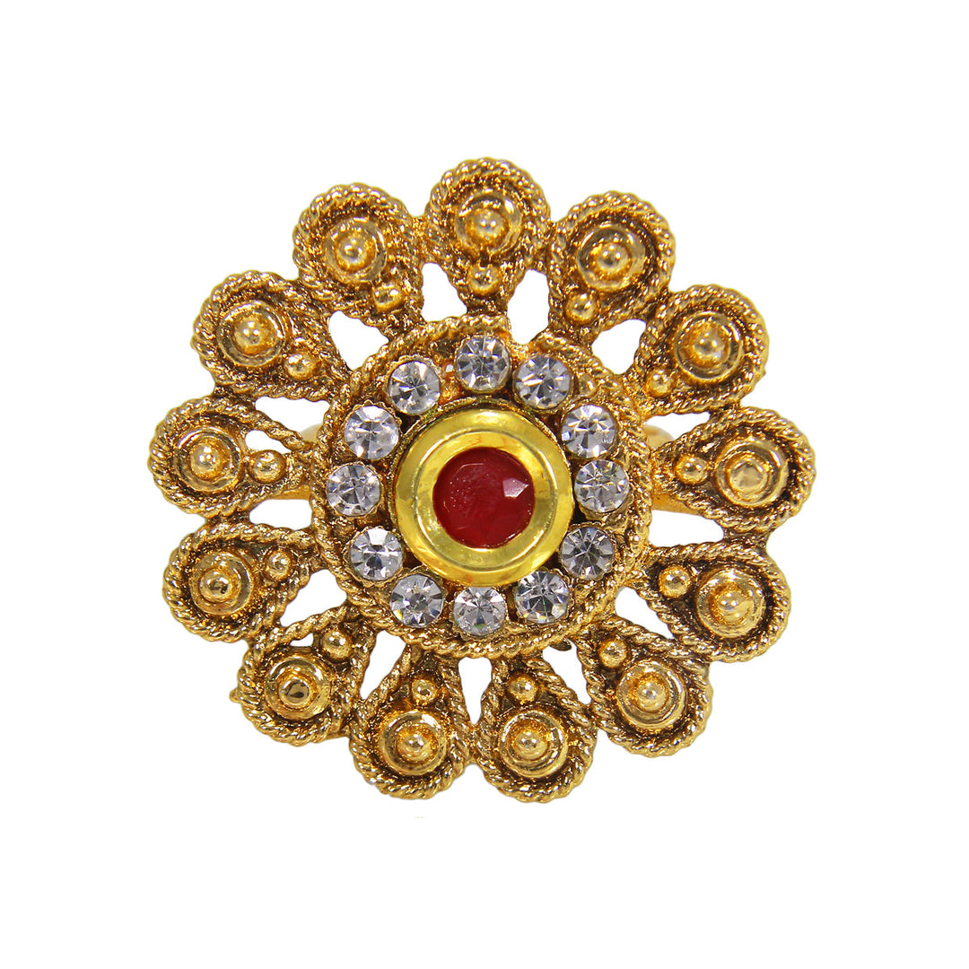 Beautiful Golden Plated Floral Design Ring with Red White Crystal Stones