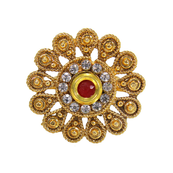 Beautiful Golden Plated Floral Design Ring with Red White Crystal Stones