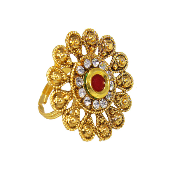 Beautiful Golden Plated Floral Design Ring with Red White Crystal Stones
