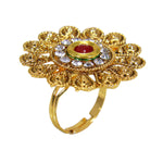 Load image into Gallery viewer, Beautiful Golden Plated Floral Design Ring with Red White Crystal Stones
