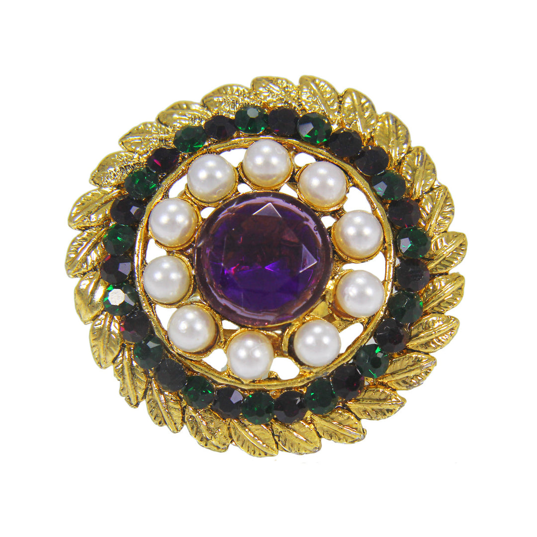 Abhinn Beautiful Floral Leaf Design Pearl Ring with Purple Green Crystal Stones