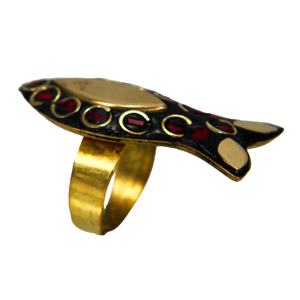 Latest Black Golden Fish Design Ring with Red Boho Tibetian Work