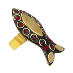 Load image into Gallery viewer, Latest Black Golden Fish Design Ring with Red Boho Tibetian Work
