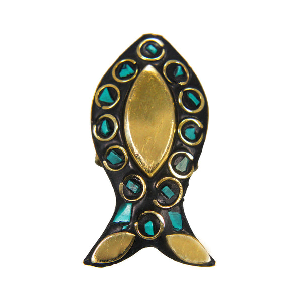 Latest Black Golden Fish Design Ring with Blue Boho Tibetian Work