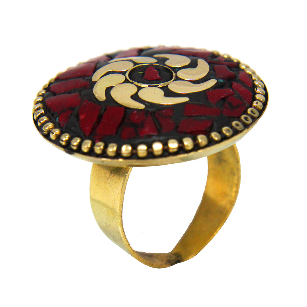 Beautiful Bohemian Black Golden Ring with Red Boho Work
