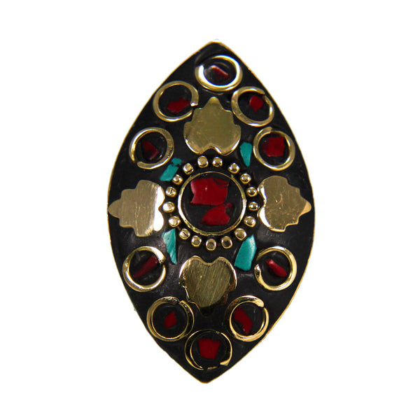 Beautiful Bohemian Black Golden Leaf Shaped Ring with Blue Red Stone