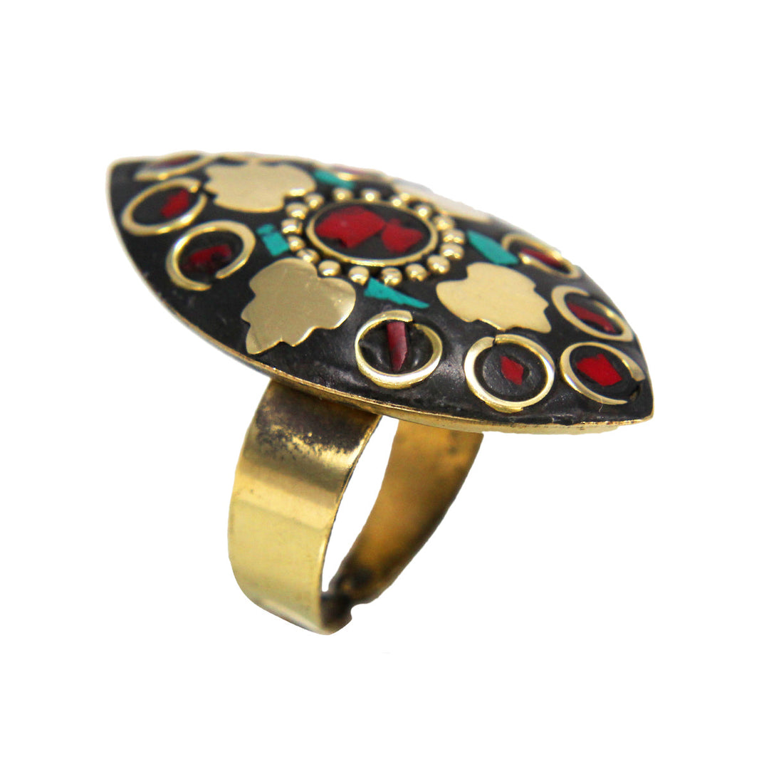 Beautiful Bohemian Black Golden Leaf Shaped Ring with Blue Red Stone