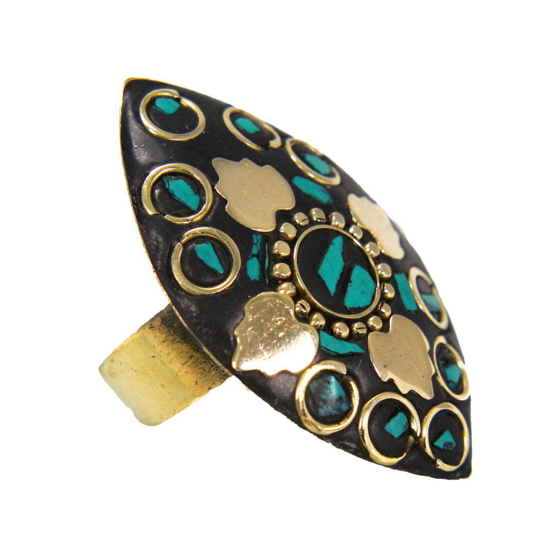 Latest Bohemian Black Golden Leaf Shaped Ring with Blue stone