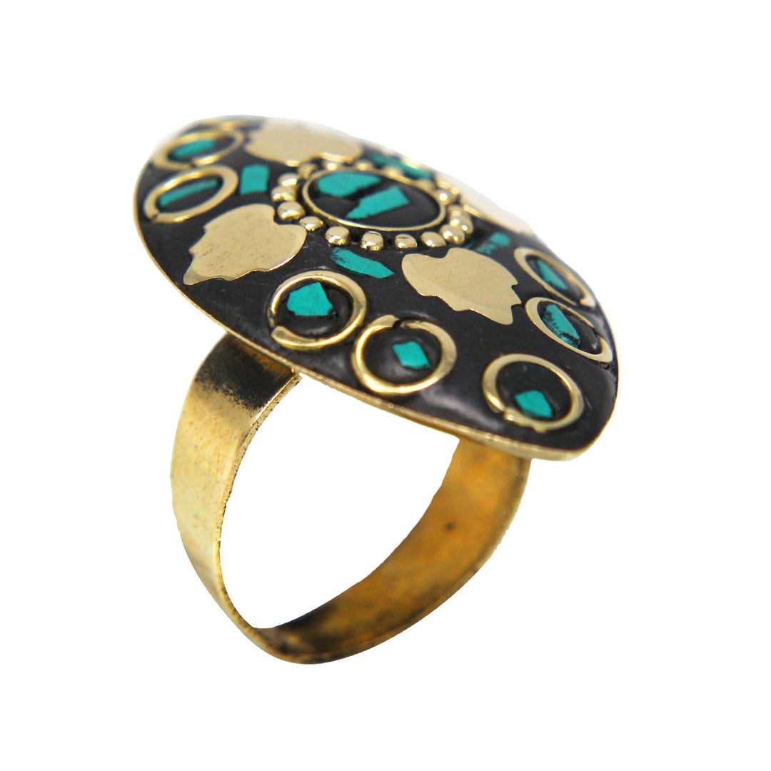 Latest Bohemian Black Golden Leaf Shaped Ring with Blue stone