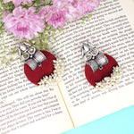 Load image into Gallery viewer, Haskalakari Handmade Silver Trishul Design Maroon Fabric Earrings With Pearls For Women
