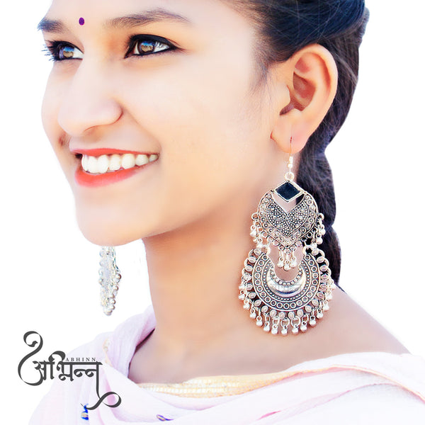 Abhinn Stylish Silver Oxidised Tribal Mirror Chandbali Earrings for Women