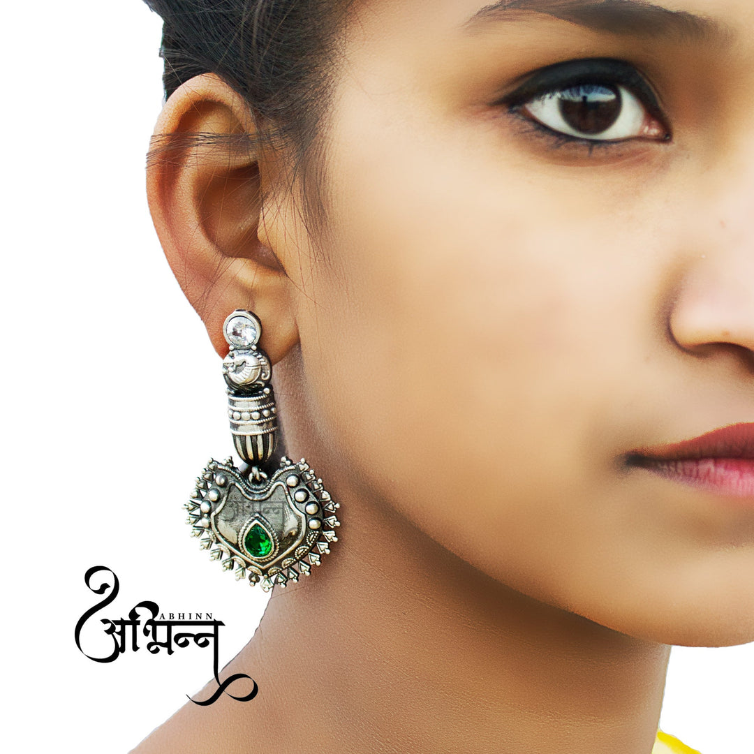 Abhinn Silver Replica Peacock Green Studs Dangler Earrings For Women