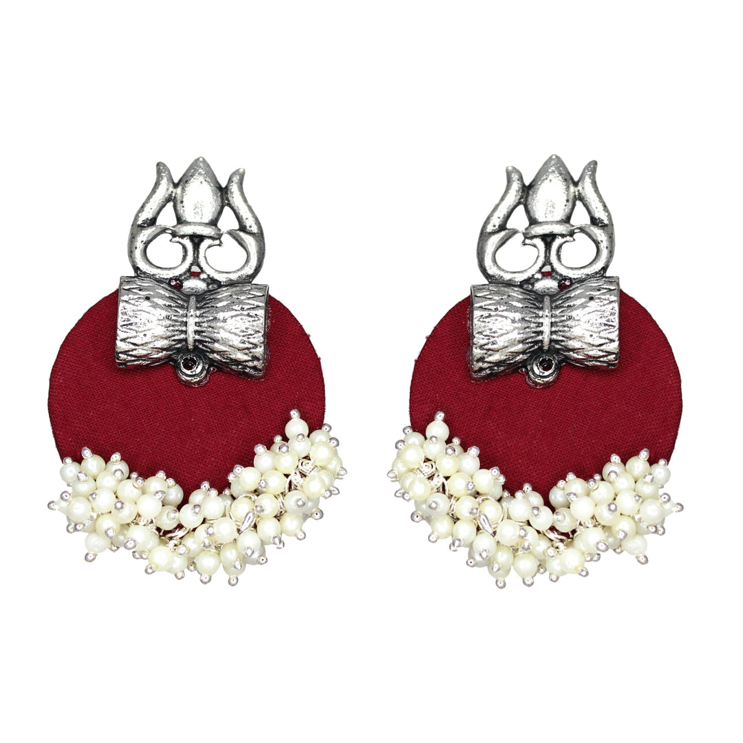 Haskalakari Handmade Silver Trishul Design Maroon Fabric Earrings With Pearls For Women