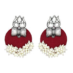 Load image into Gallery viewer, Haskalakari Handmade Silver Trishul Design Maroon Fabric Earrings With Pearls For Women
