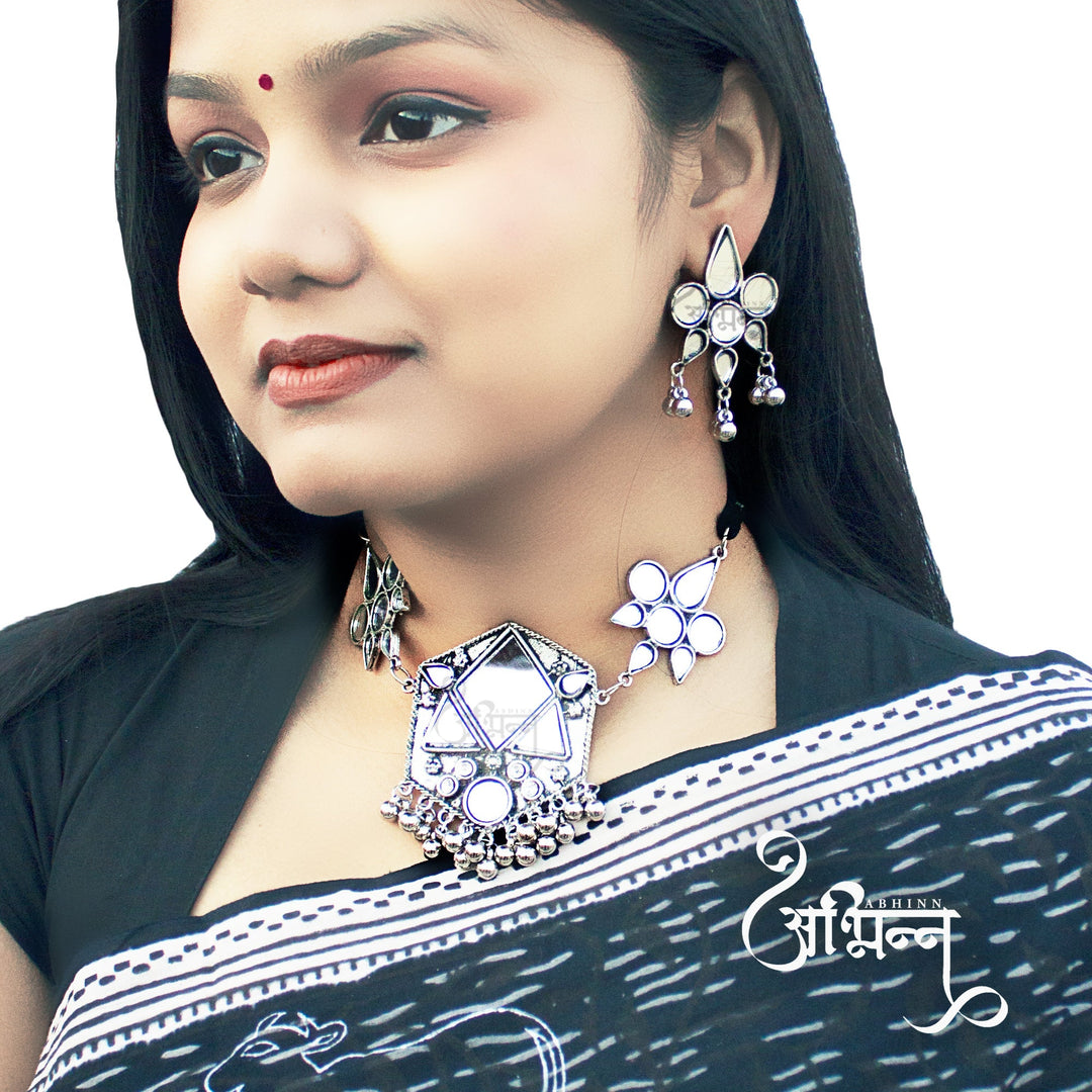 Abhinn Silver Oxidised Geometrical Design With Mirror Work Necklace Set For Women