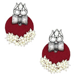 Load image into Gallery viewer, Haskalakari Handmade Silver Trishul Design Maroon Fabric Earrings With Pearls For Women
