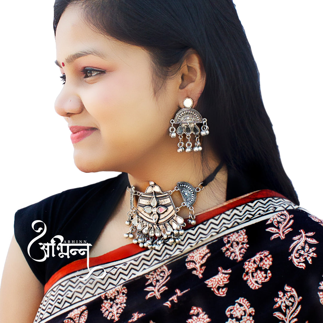 Abhinn Silver Oxidised Temple And Floral Design Mirror Necklace Set For Women
