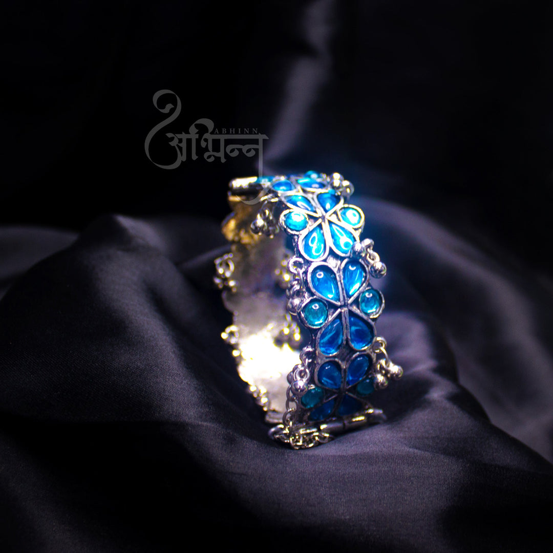 Silver Oxidised Floral Design Adjustable Bangle