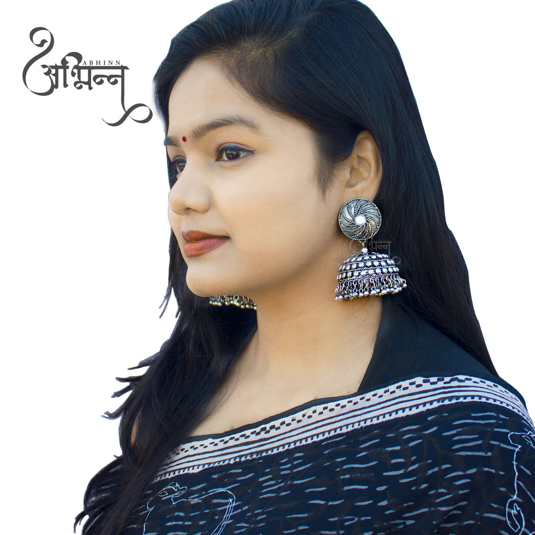 Abhinn Silver Oxidised Jhumka With Studded Silver Beads Earring For Women