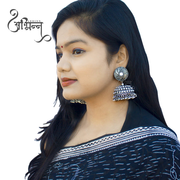 Abhinn Silver Oxidised Jhumka With Studded Silver Beads Earring For Women