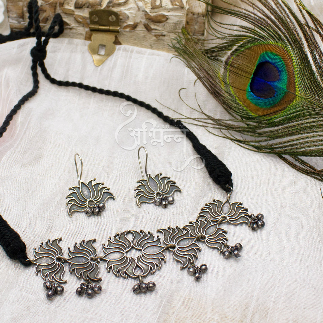 Abhinn Silver Look Alike Lotus Design Necklace Set With Earrings For Women 