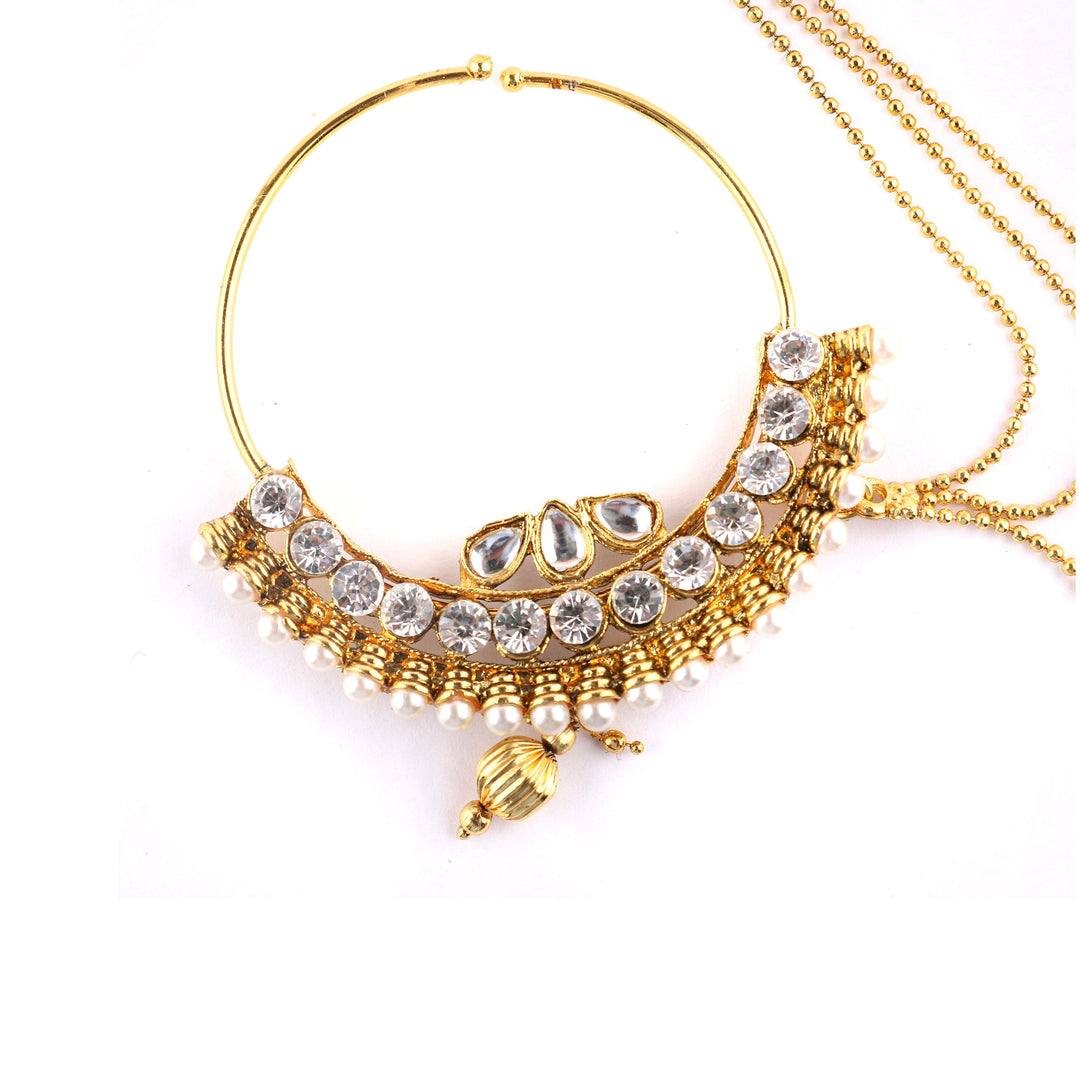 Abhinn Trendy Rajasthani Gold Plated Large Hoop Nose ring with White CZ Crystal Stones For Women