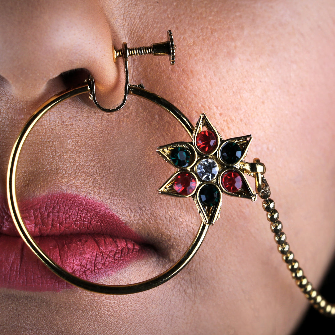Abhinn Latest Gold Plated Large Hoop Nose Ring With Red Green CZ Stones