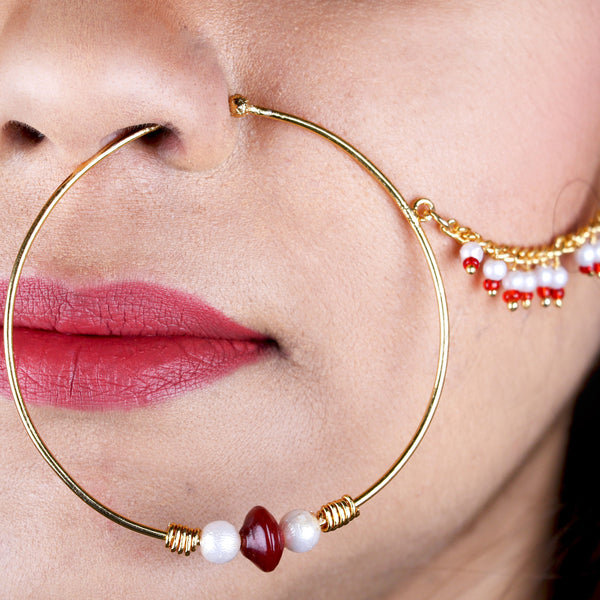 Abhinn Latest Gold Plated Large Hoop Nose Ring With Red and White Beads