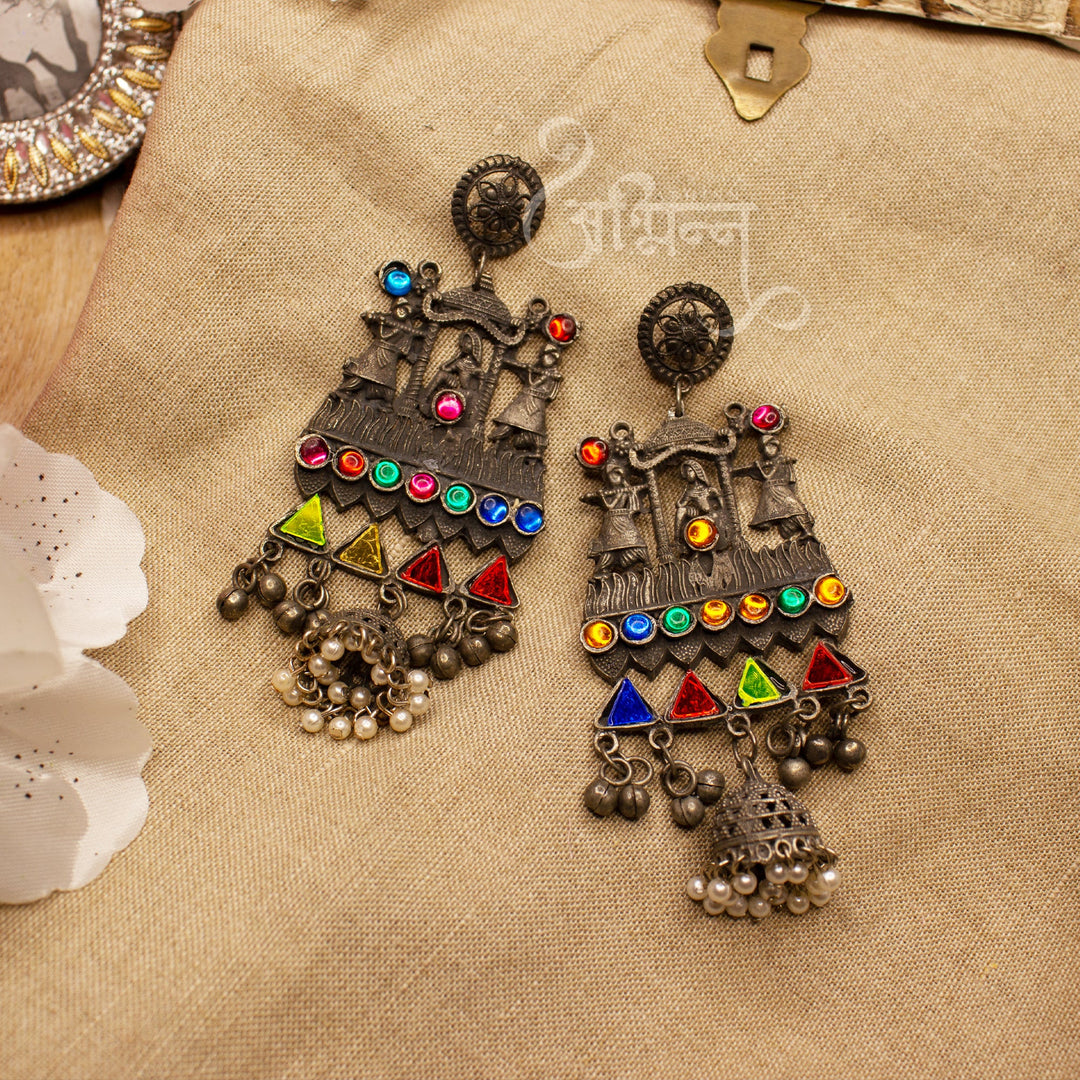 Abhinn Silver Oxidised Doli Design Multi Colour Dangler Earrings For Women-1