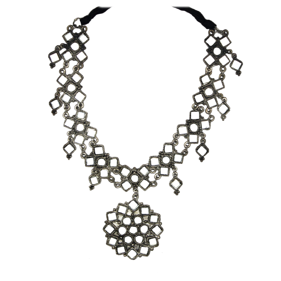 Abhinn Silver Oxidised Floral Design Mirror Pendant Set For Women