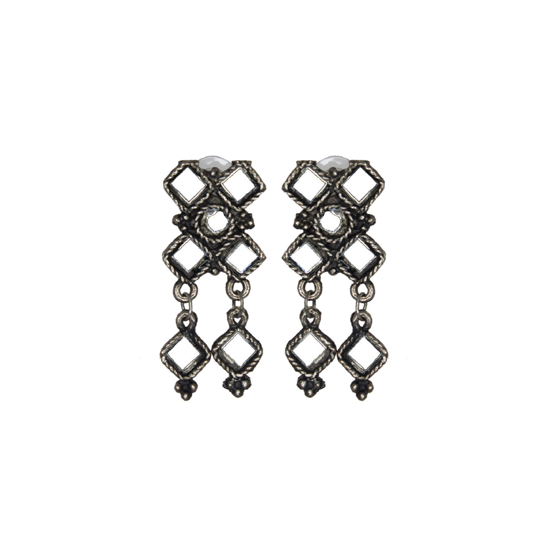 Abhinn Silver Oxidised Floral Design Mirror Pendant Set For Women