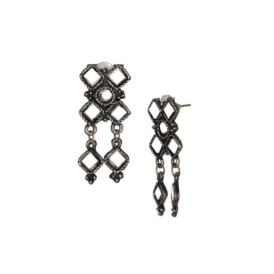 Abhinn Silver Oxidised Floral Design Mirror Pendant Set For Women