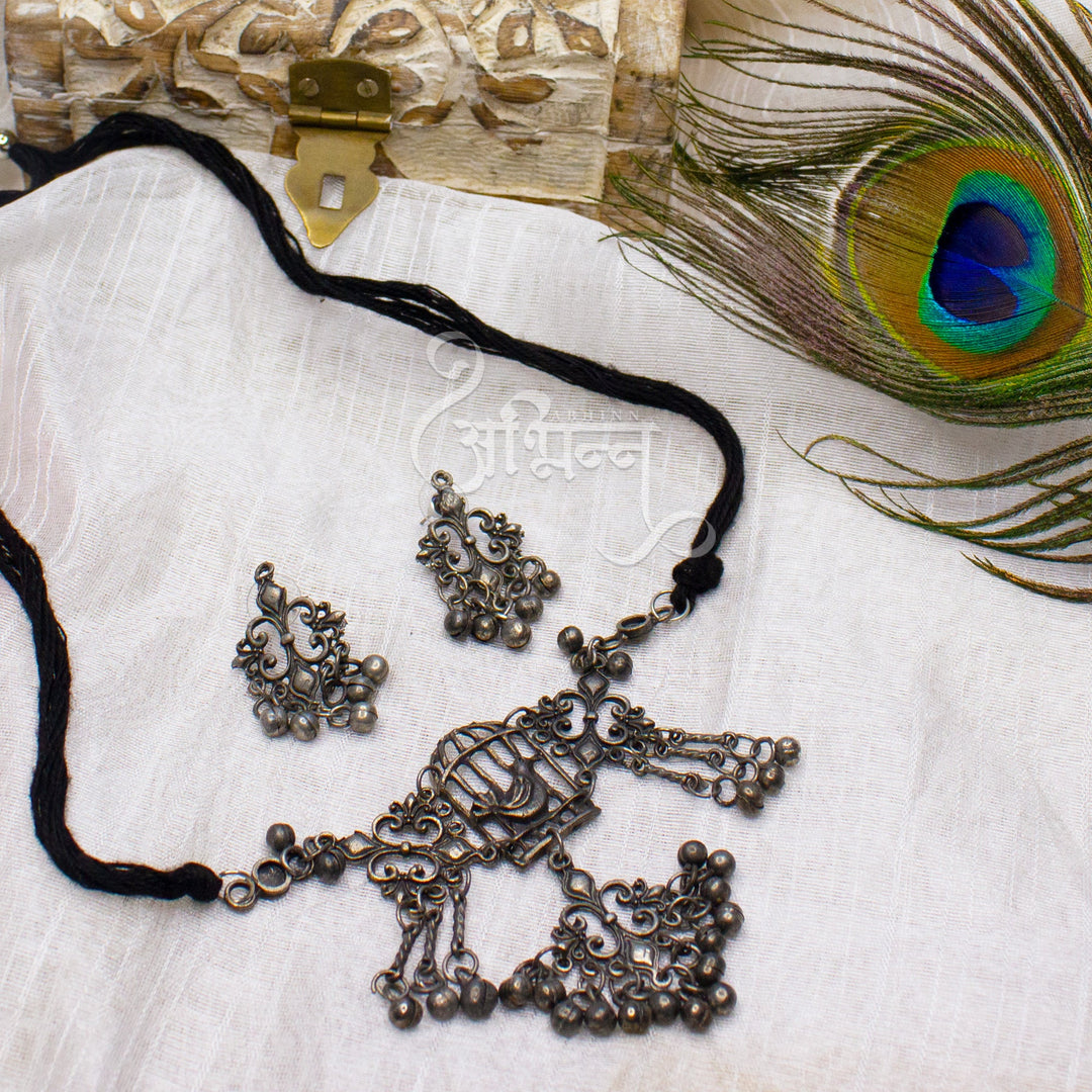 Abhinn Silver Oxidised Pigeon Cage Design Necklace Set For Women