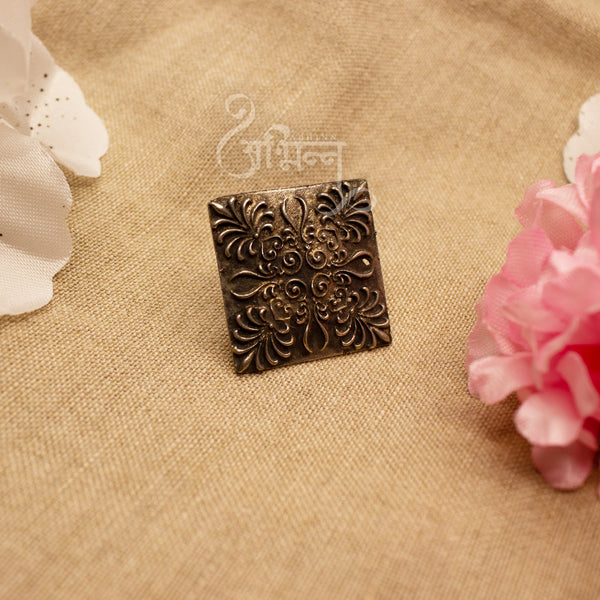 Abhinn Silver Oxidised Square Floral And Temple Design Rings For Women
