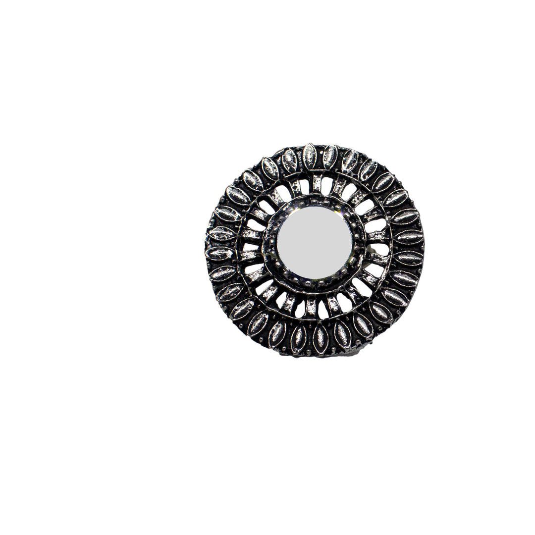 Abhinn Silver Oxidised Temple Design Mirror Ring For Women