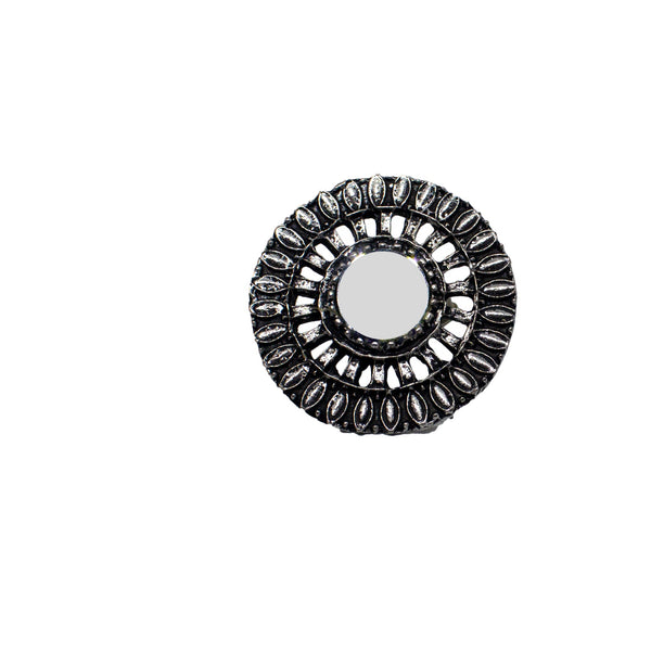 Abhinn Silver Oxidised Temple Design Mirror Ring For Women