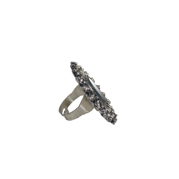 Abhinn Silver Oxidised Temple Design Mirror Ring For Women